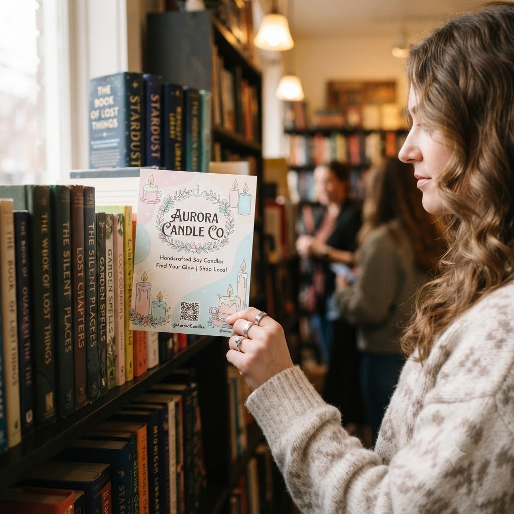 a candle shop card in a book store