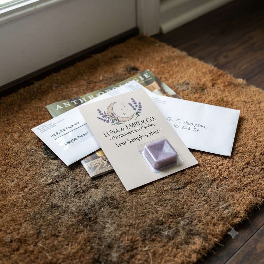 a scented candle brand postcard with a small wax melt attached, lying on a doormat next to other mail