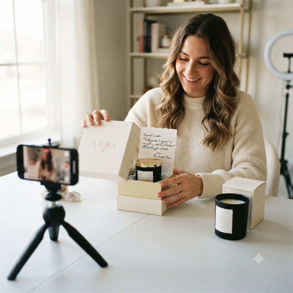 a candle gift box getting unboxed by a micro influencer in front of a camera