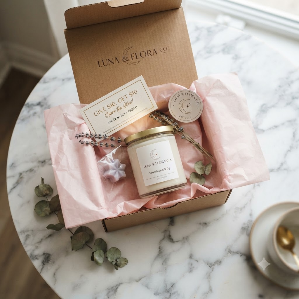 candle business order packaging with sample and referral card marketing ideas