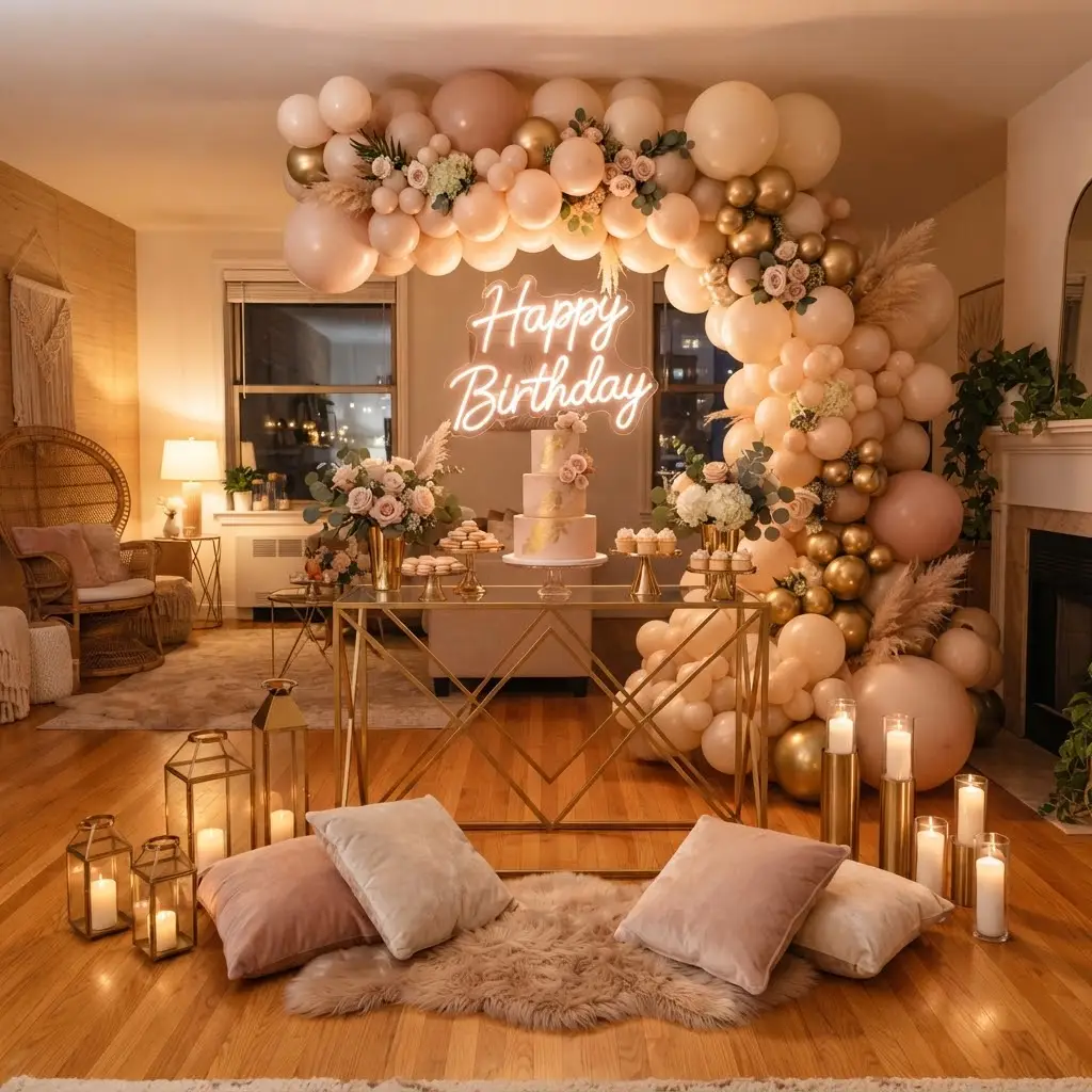 Blush and gold balloon arch glowing above a birthday dessert table.