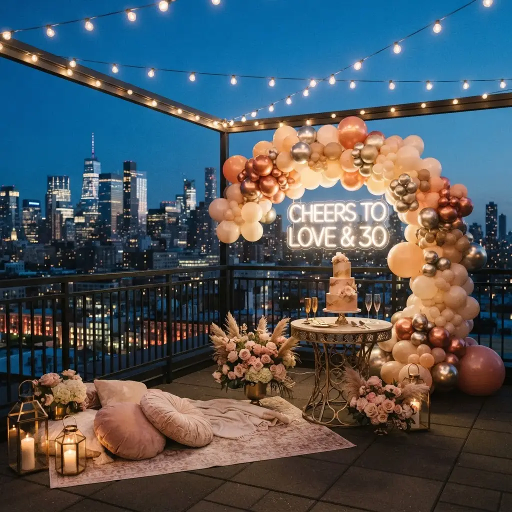 Rose gold rooftop balloon arch glowing beside a city skyline view.