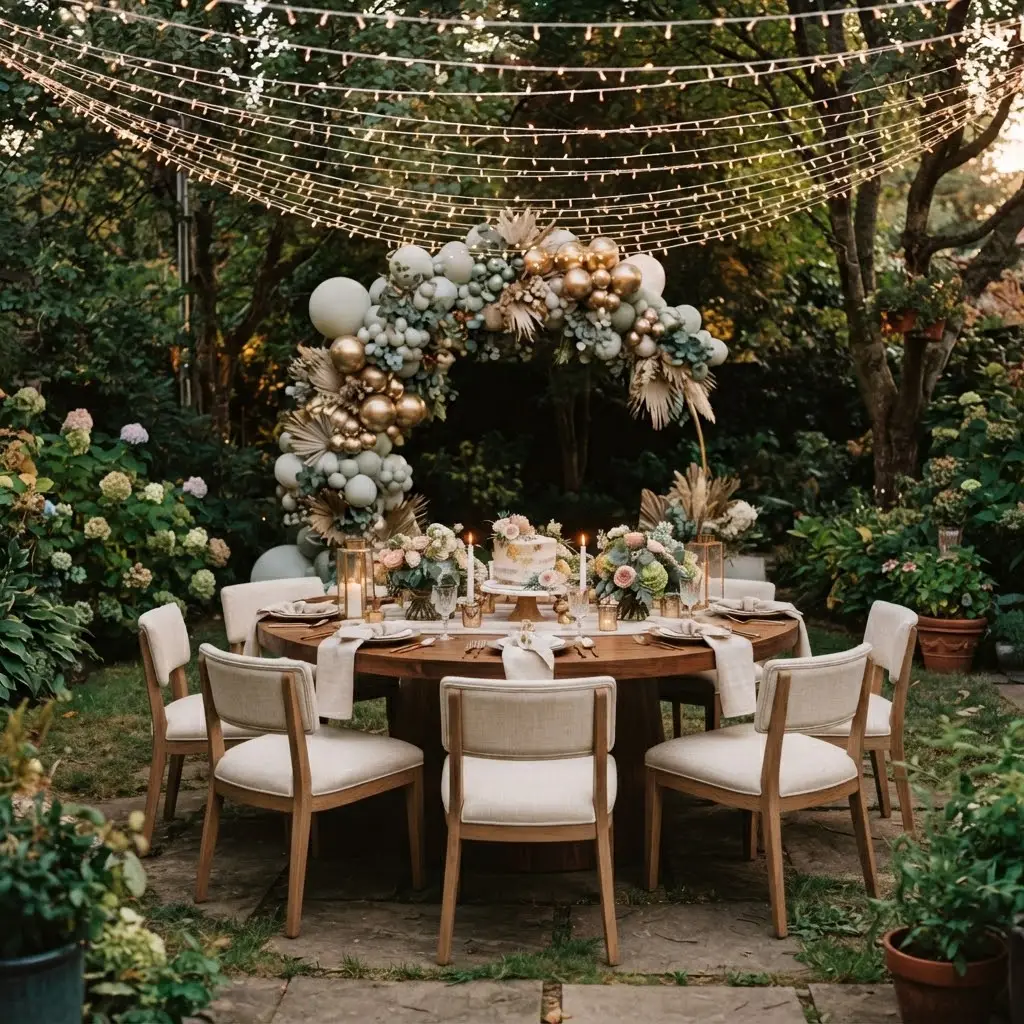 Backyard garden arch glowing beneath a fairy light canopy at dusk.