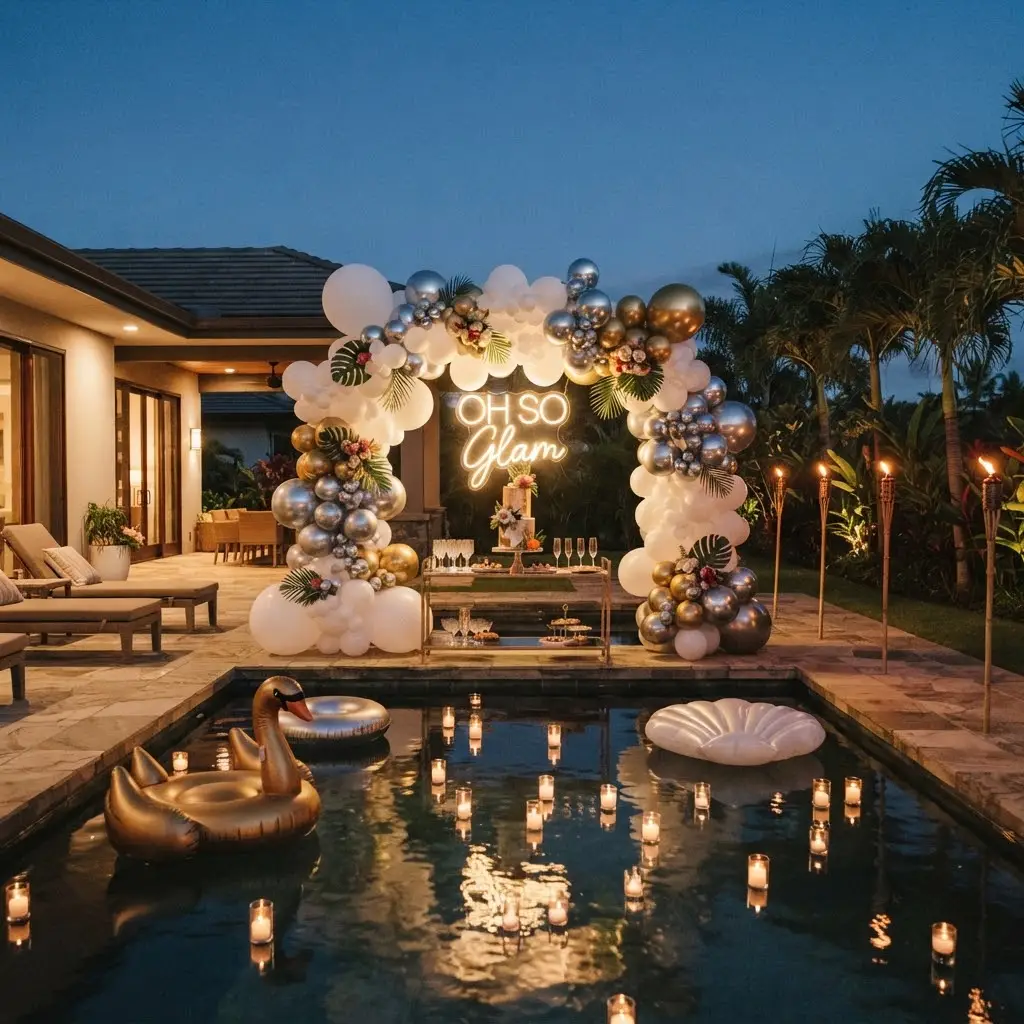 Poolside metallic balloon arch glowing with floating candles at night.