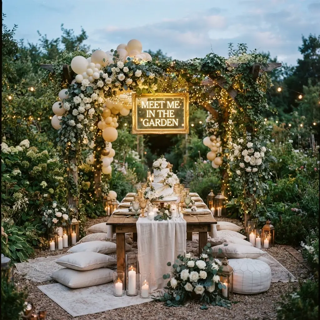 Vintage garden arbor wrapped in ivy, roses, and glowing fairy lights.