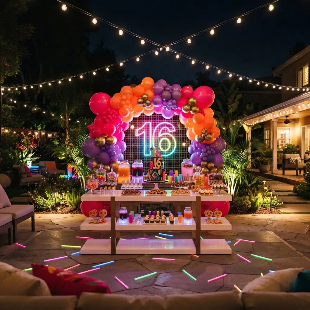 Neon sunset backyard bash glowing with a color-shifting party sign.