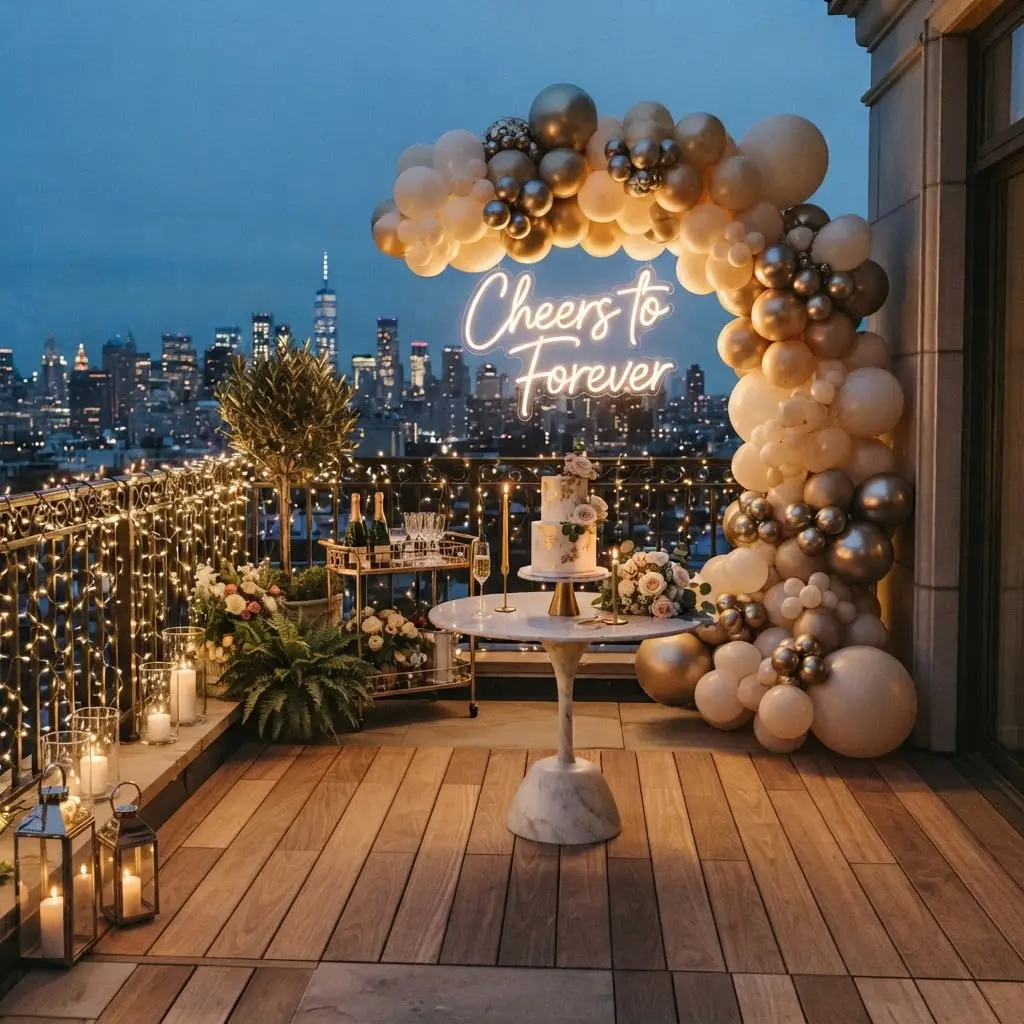 Champagne gold balcony arch glowing beside an evening skyline view.