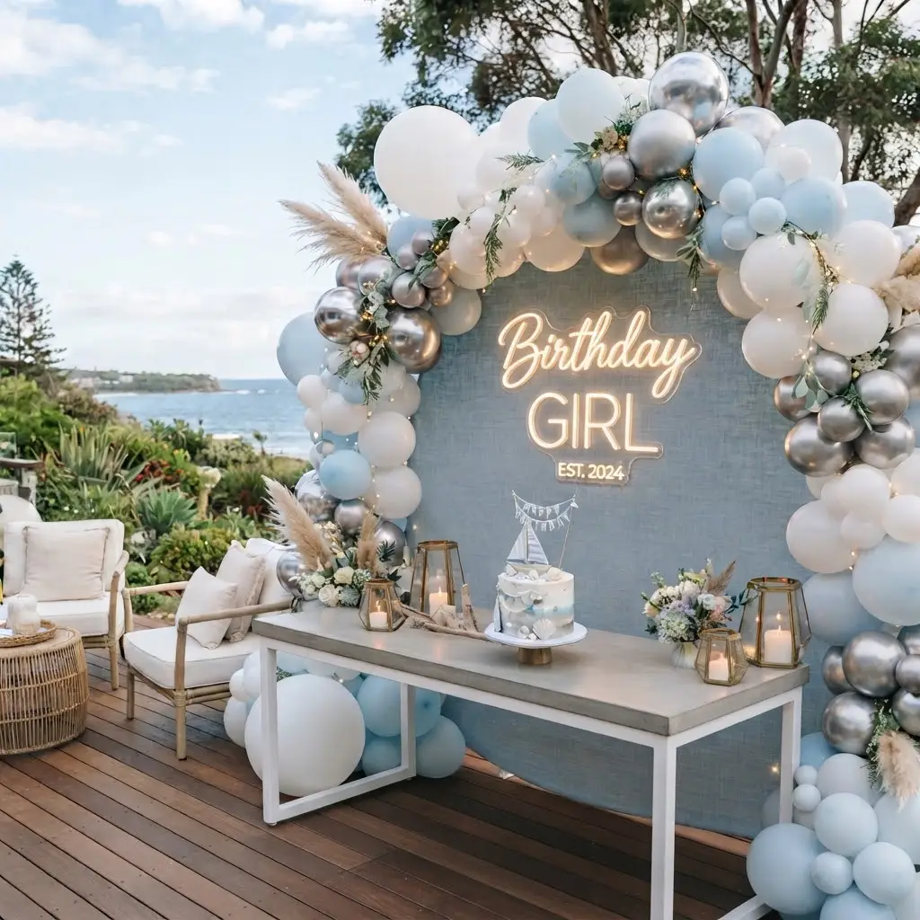 Coastal white and blue balloon arch glowing near an ocean backdrop.