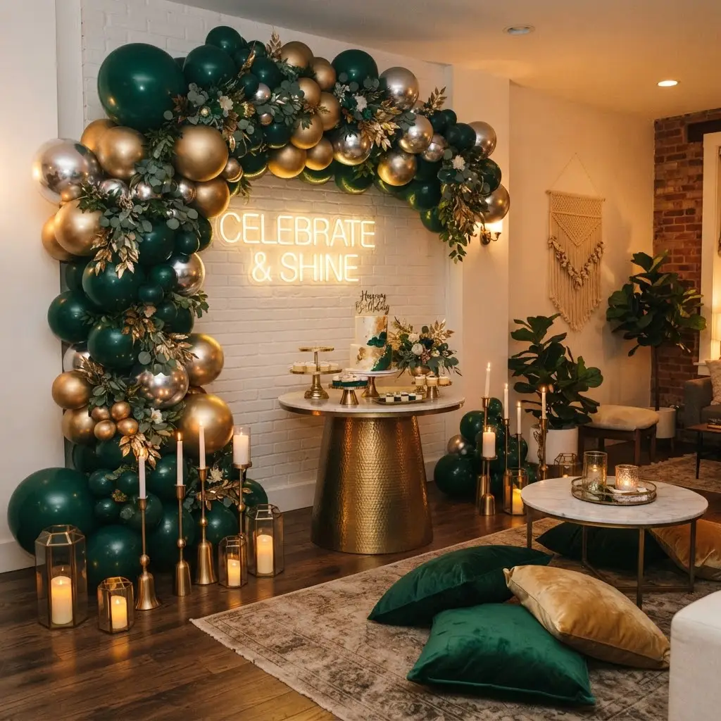 Emerald and gold balloon arch styled with brass candles and cushions.