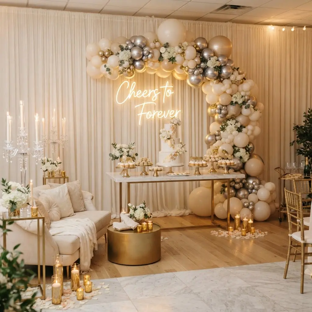 Ivory birthday decoration ideas glowing with crystal candles and gold accents.