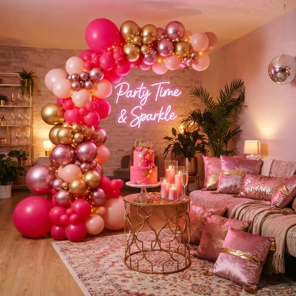 Hot pink and gold glam arch styled with confetti and fairy lights as one of the birthday decoration ideas at home. 