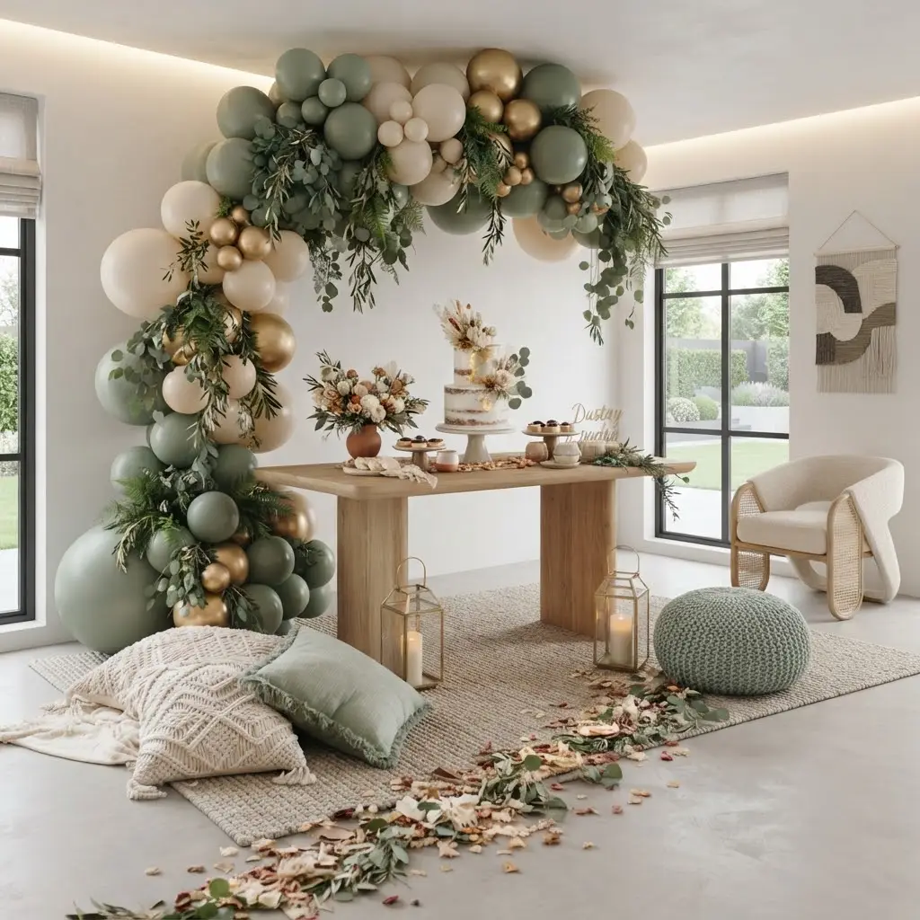 Sage green balloon arch styled with brass lanterns and dried petals.