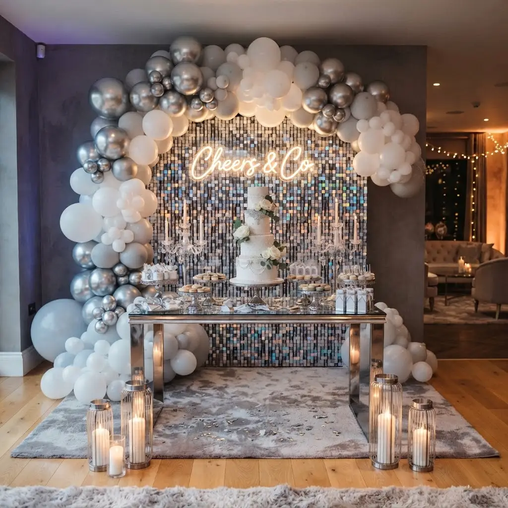 Silver and white modern arch glowing against a sequin backdrop panel.