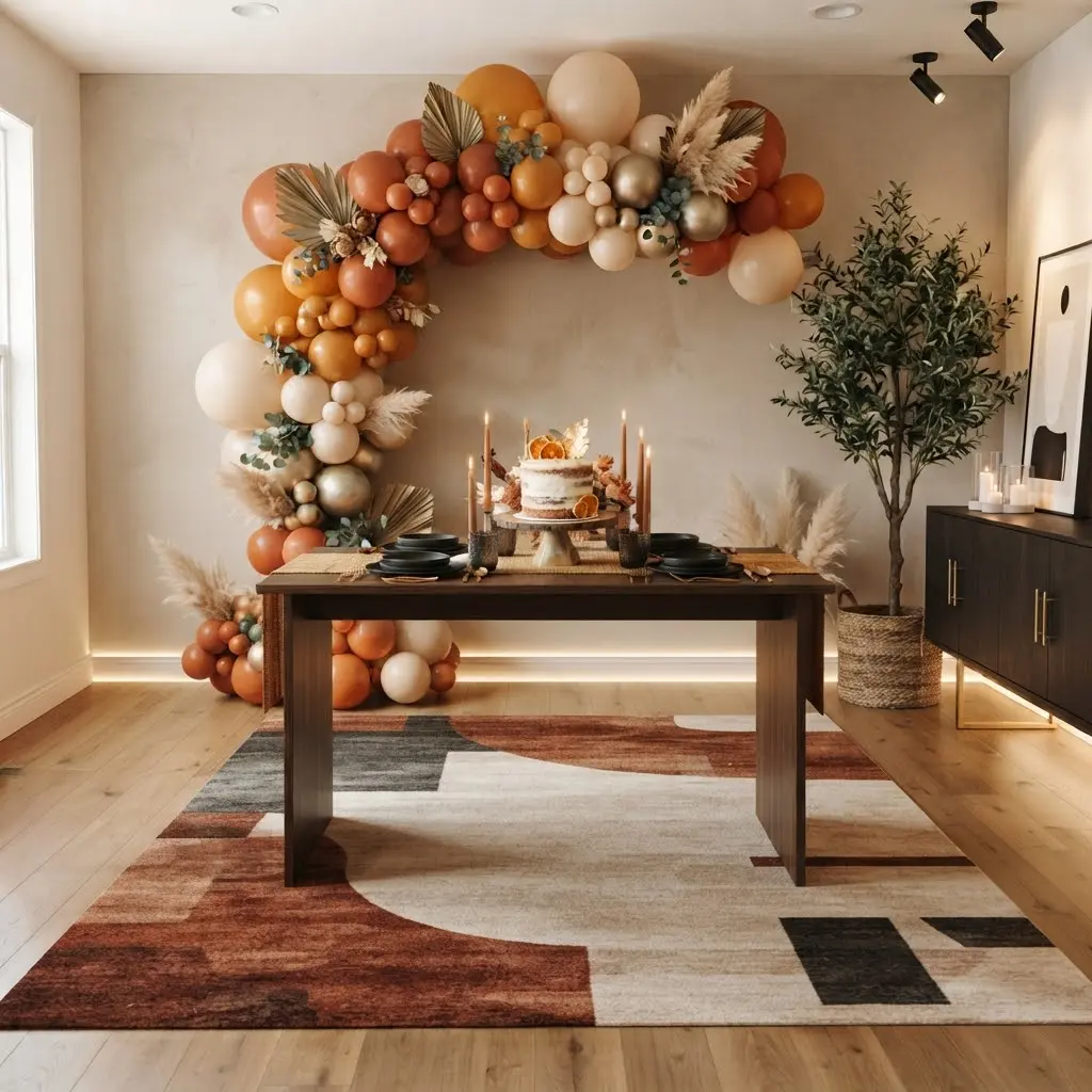 Warm amber balloon arch styled with terracotta tones and pillar candles.