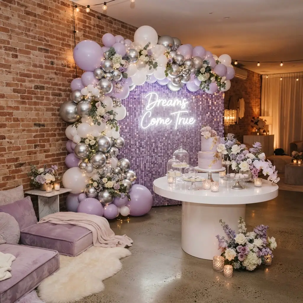 Lavender and silver dreamy arch glowing with crystal votive candles.