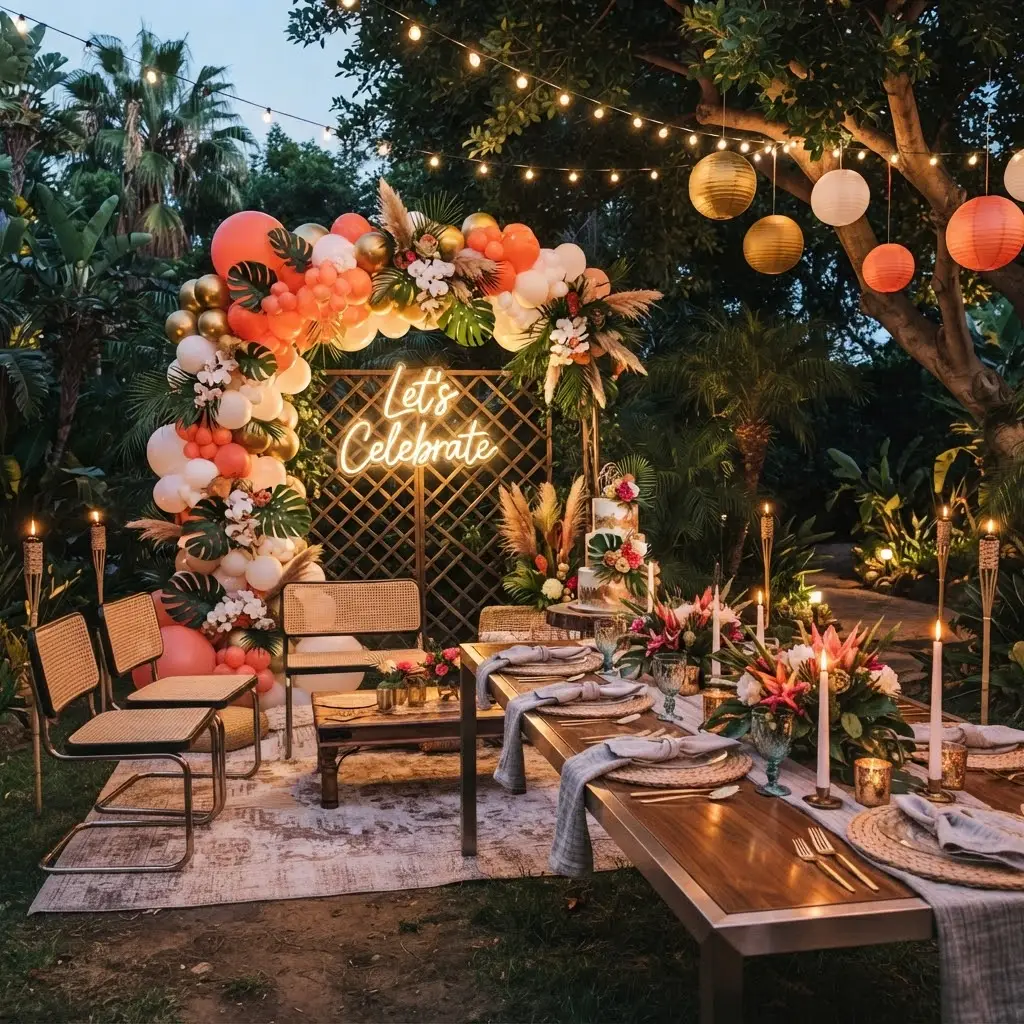 Tropical balloon arch birthday decoration ideas lit with tiki torches.