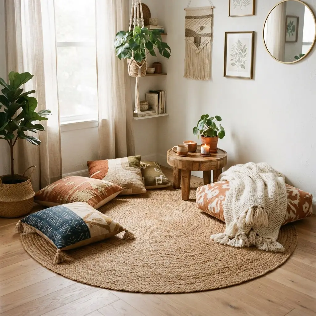 Layered floor cushions and a jute rug styled for boho living room ideas.