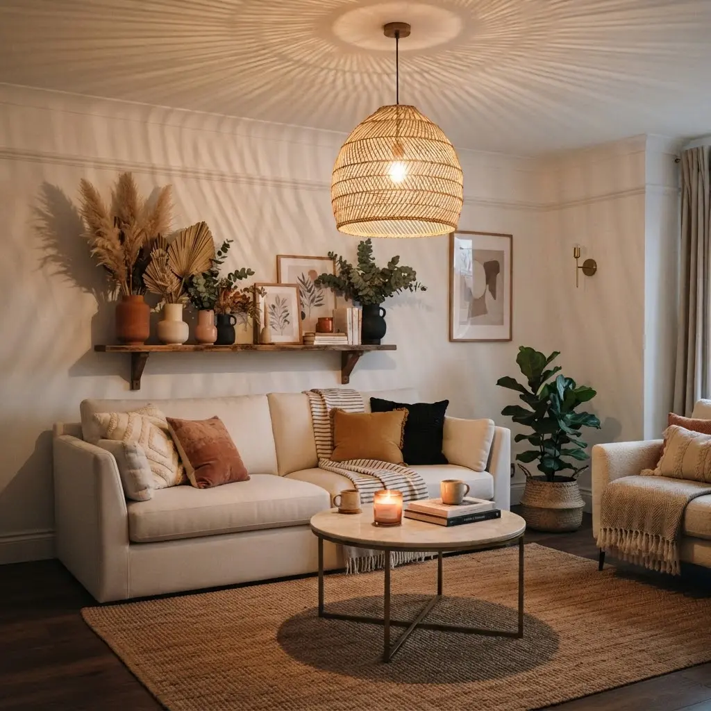 Woven rattan pendant light casting warm shadows overhead.