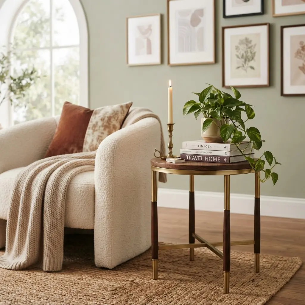 Brass and wood accent table styled with books and a candle holder.