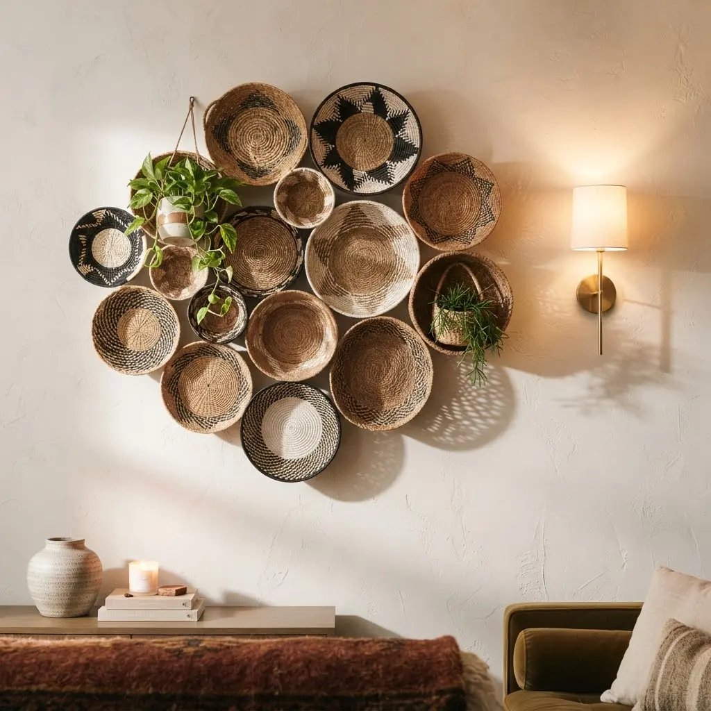 Handwoven basket wall styled with trailing plants tucked inside.