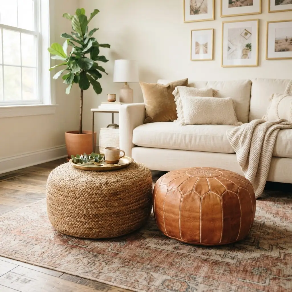 Woven and leather poufs clustered near a cozy living room sofa.