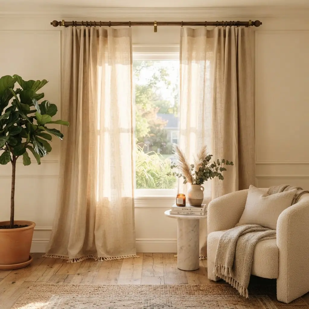 Linen curtains with fringe trim styled on a wooden curtain rod.