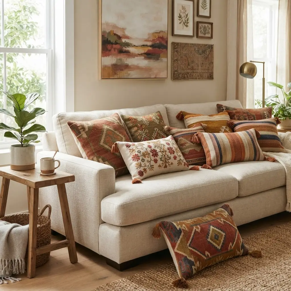 Mismatched embroidered throw pillows styled on a neutral sofa.