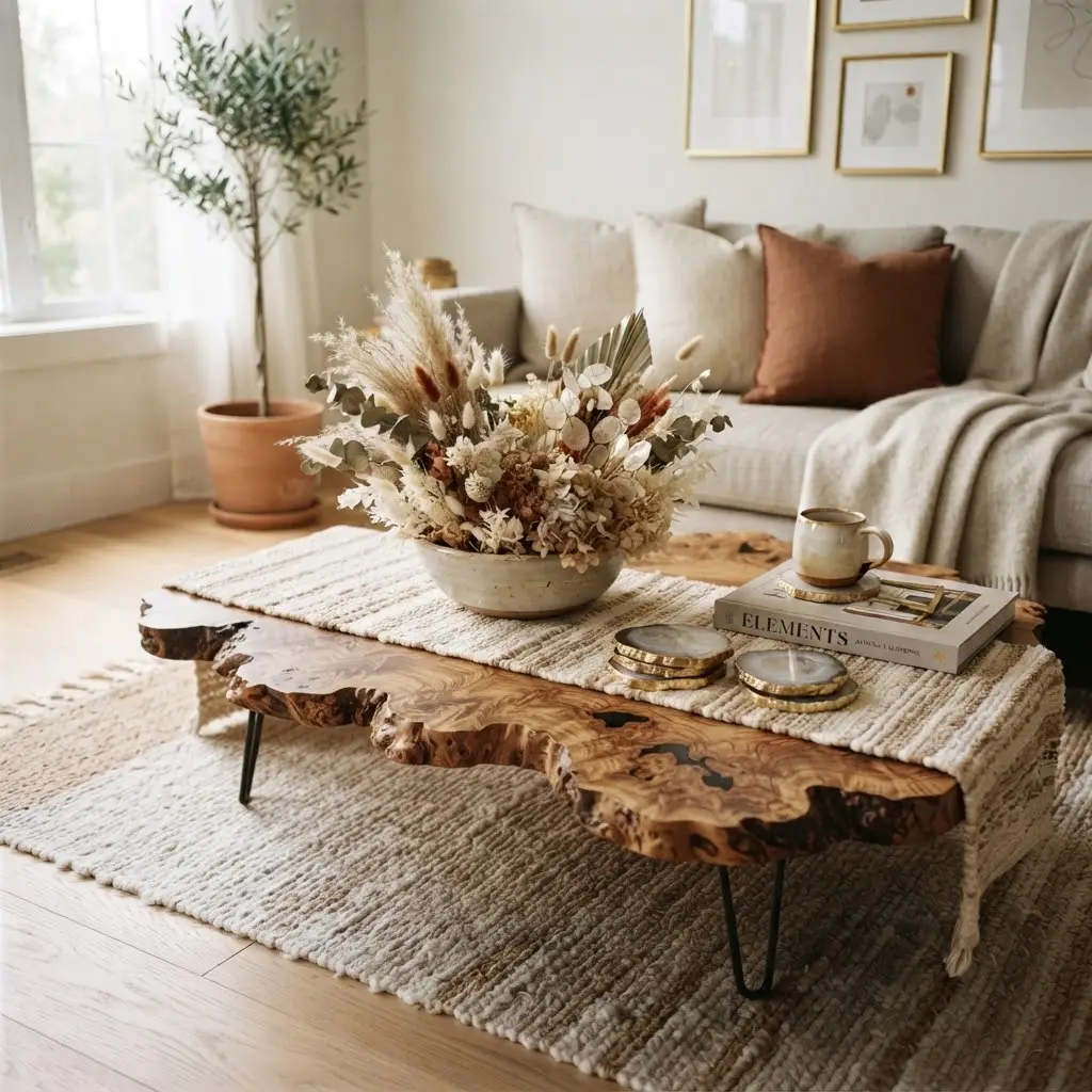 Wood slice coffee table styled with stone coasters and dried florals.