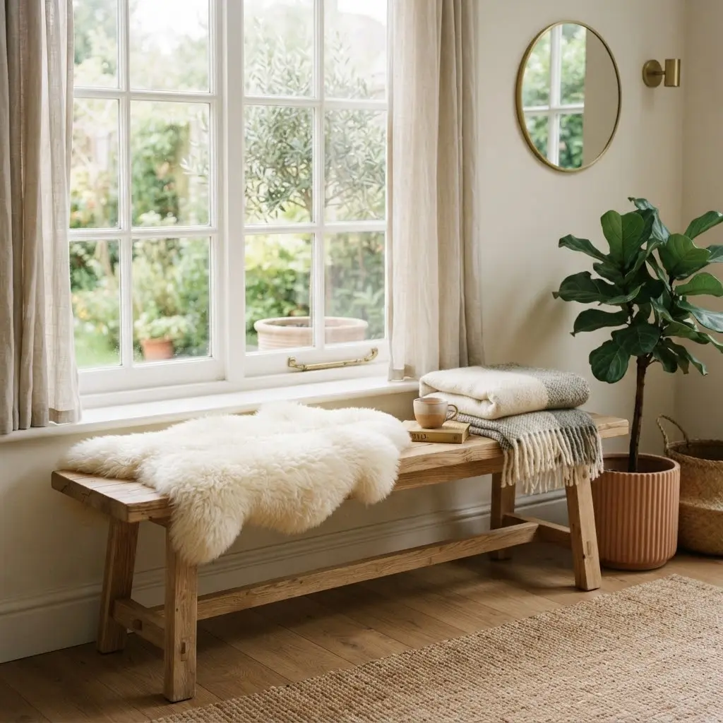 Sheepskin throw draped over a wooden bench near natural light.