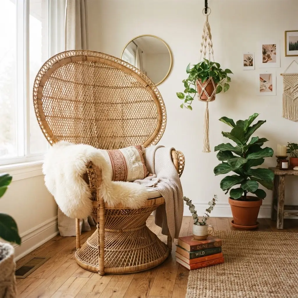 Rattan peacock chair styled with a macrame plant hanger nearby.