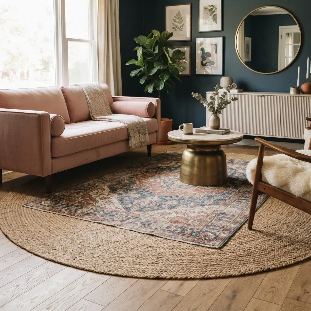 Layered jute and vintage rugs styled on a boho living room floor.