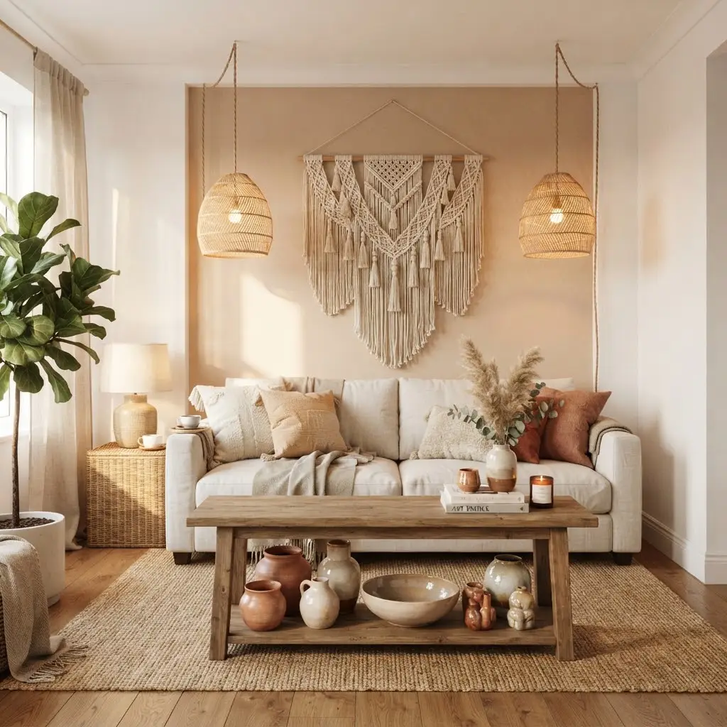 Macrame wall hanging styled above a sofa with rattan pendant lights.