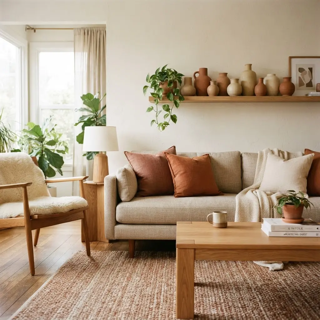 Terracotta throw pillows styled against an earthy neutral sofa.