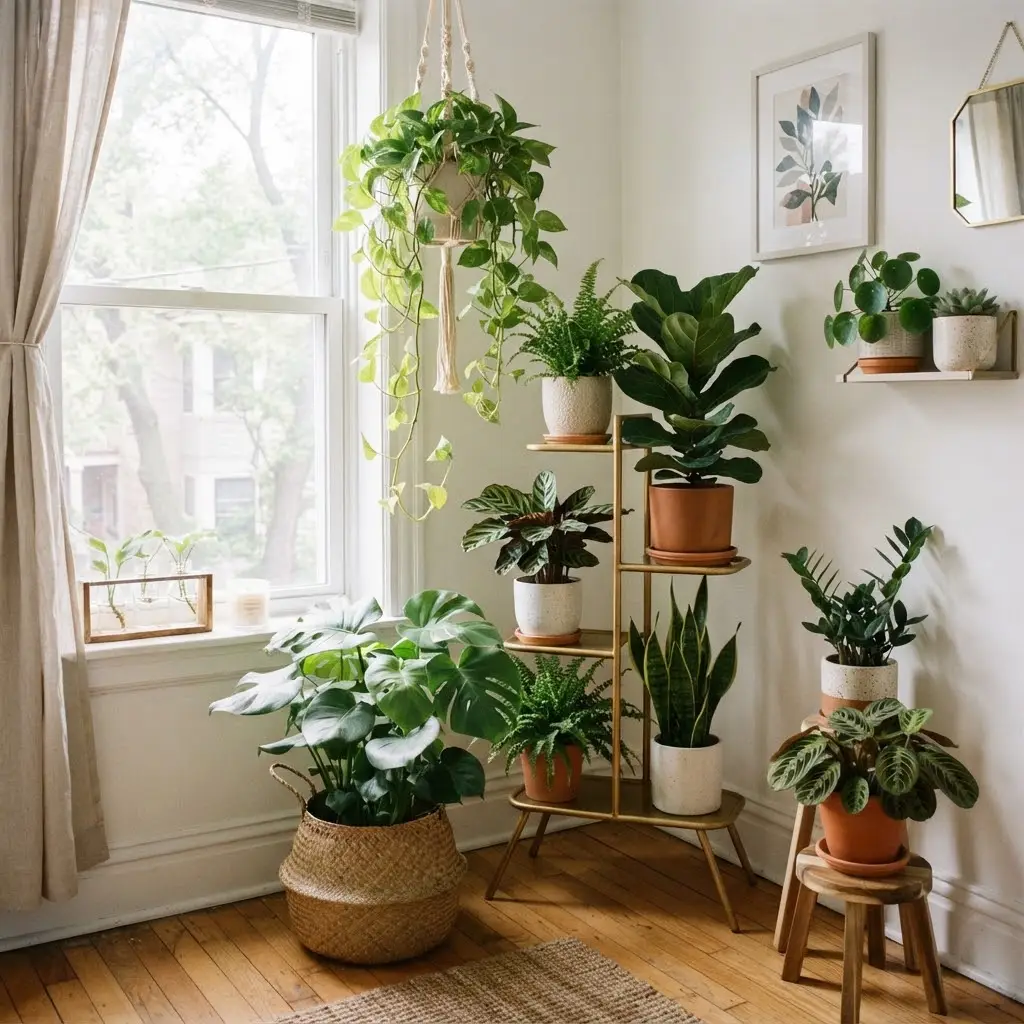 Trailing plants layered near a bright window corner.
