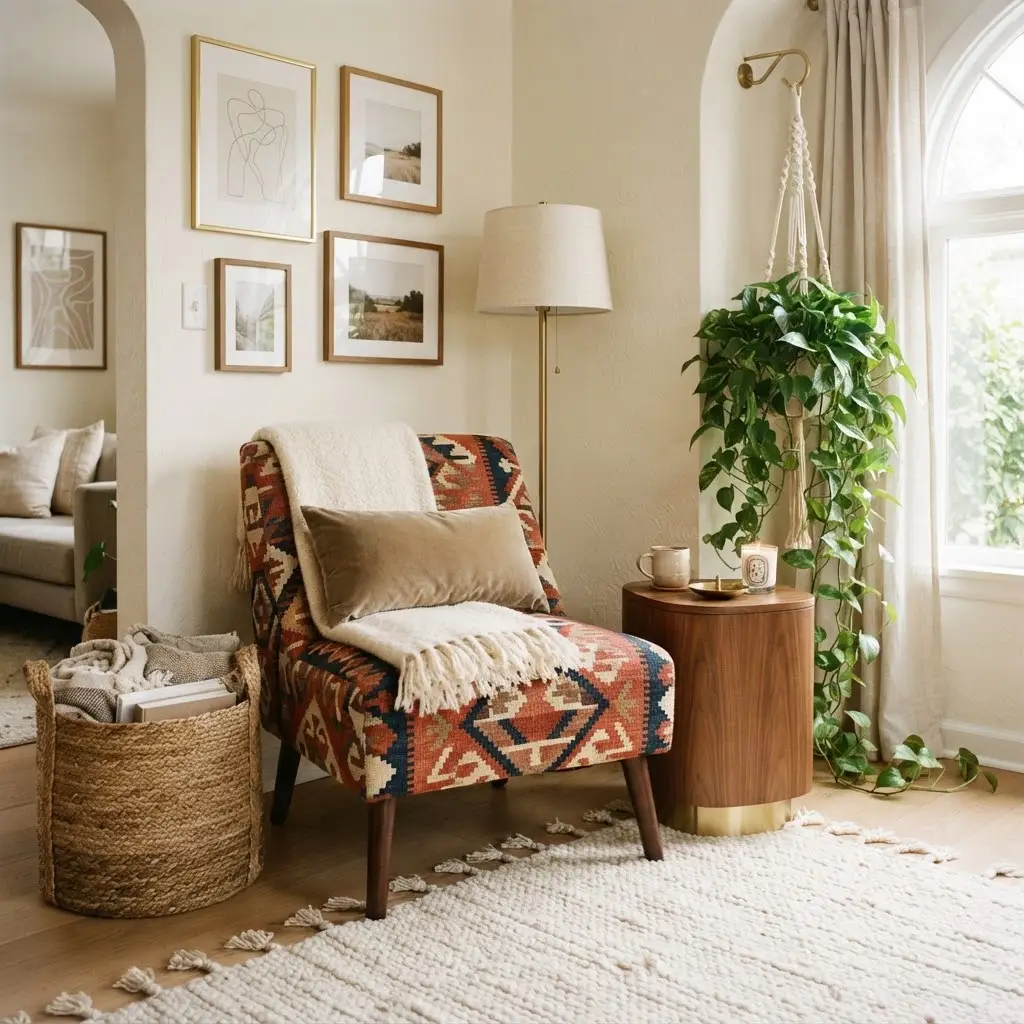 Kilim-patterned accent chair styled with a woven storage basket.