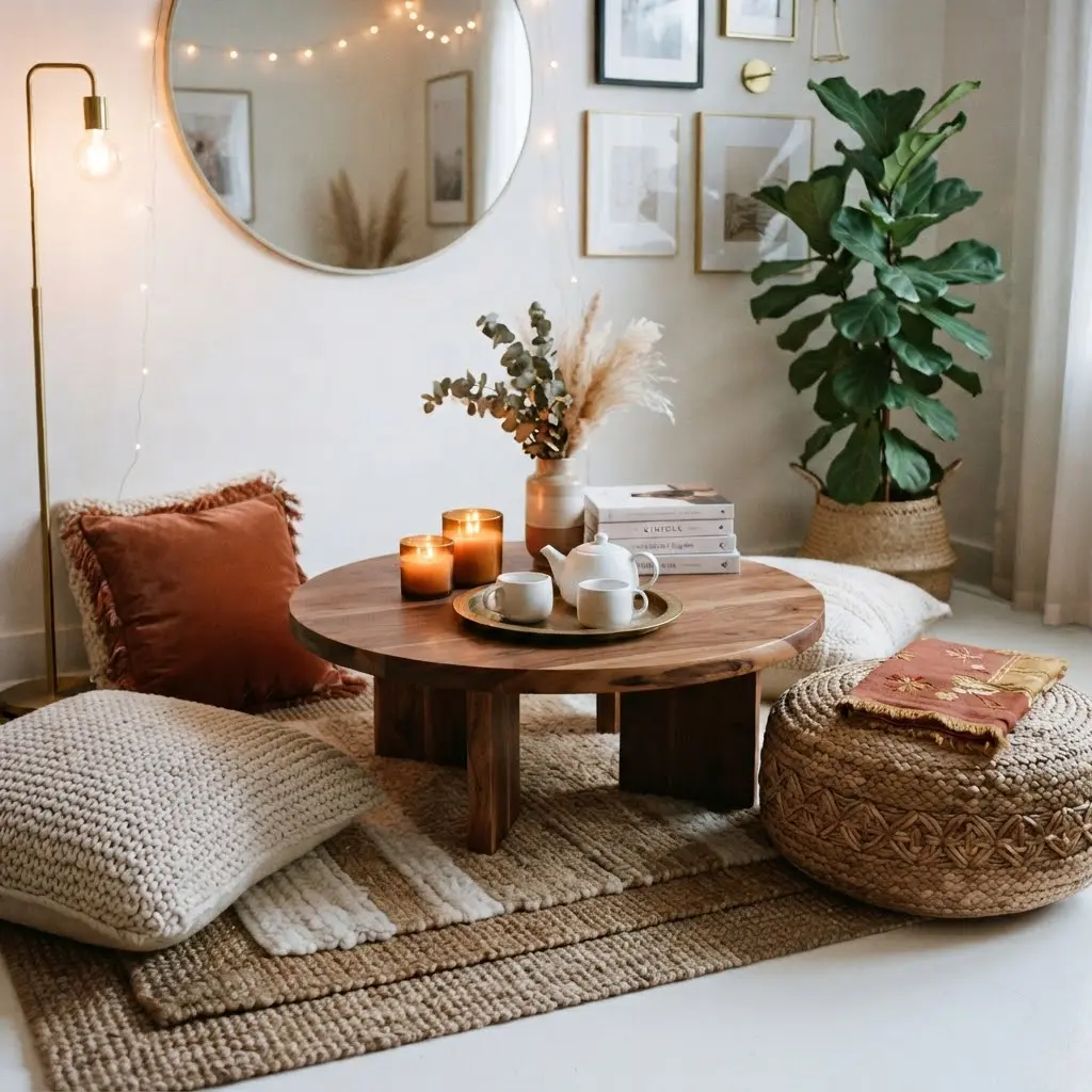 Floor cushions and a low wooden table styled for boho living room ideas.