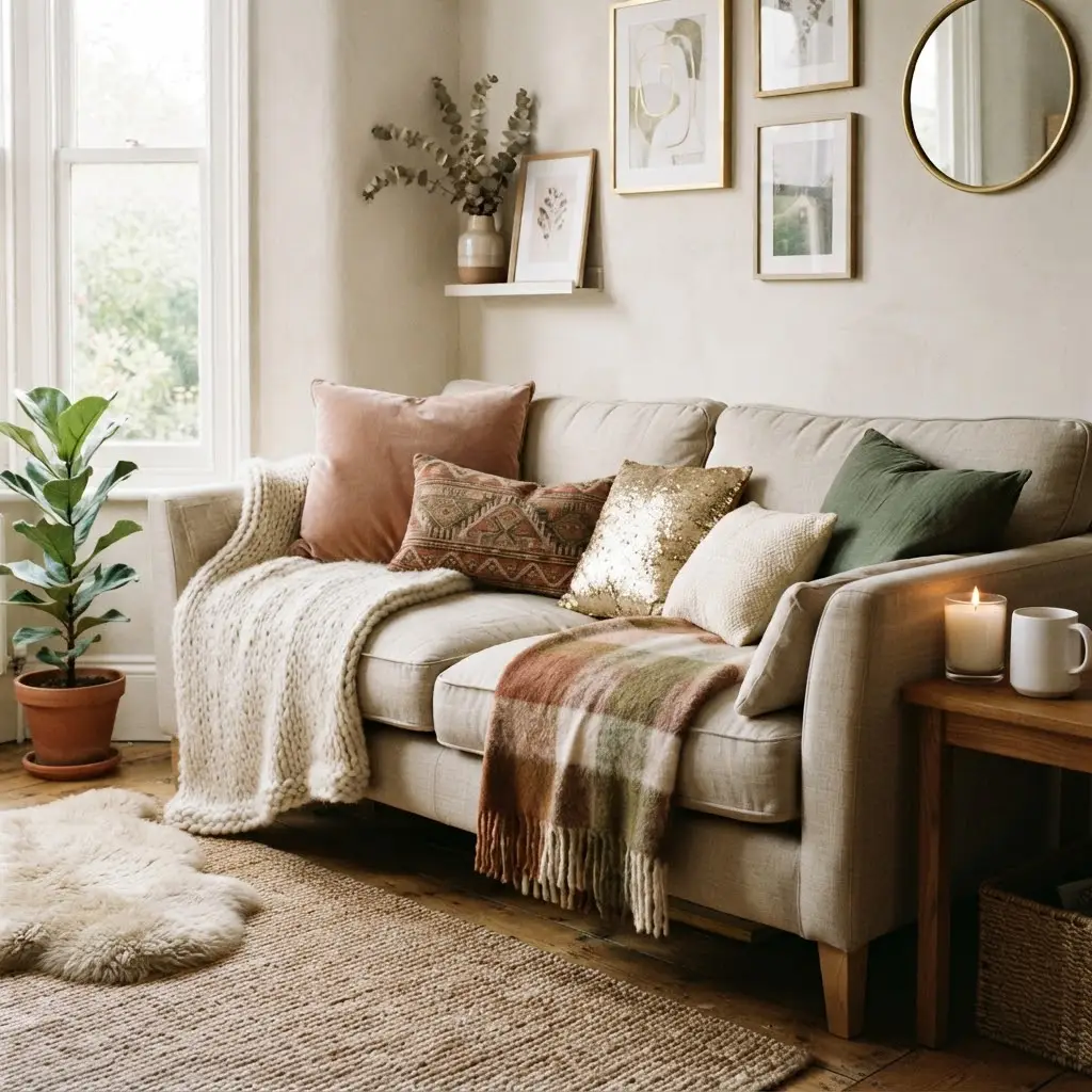 Layered throw blankets styled across a lived-in neutral sofa.