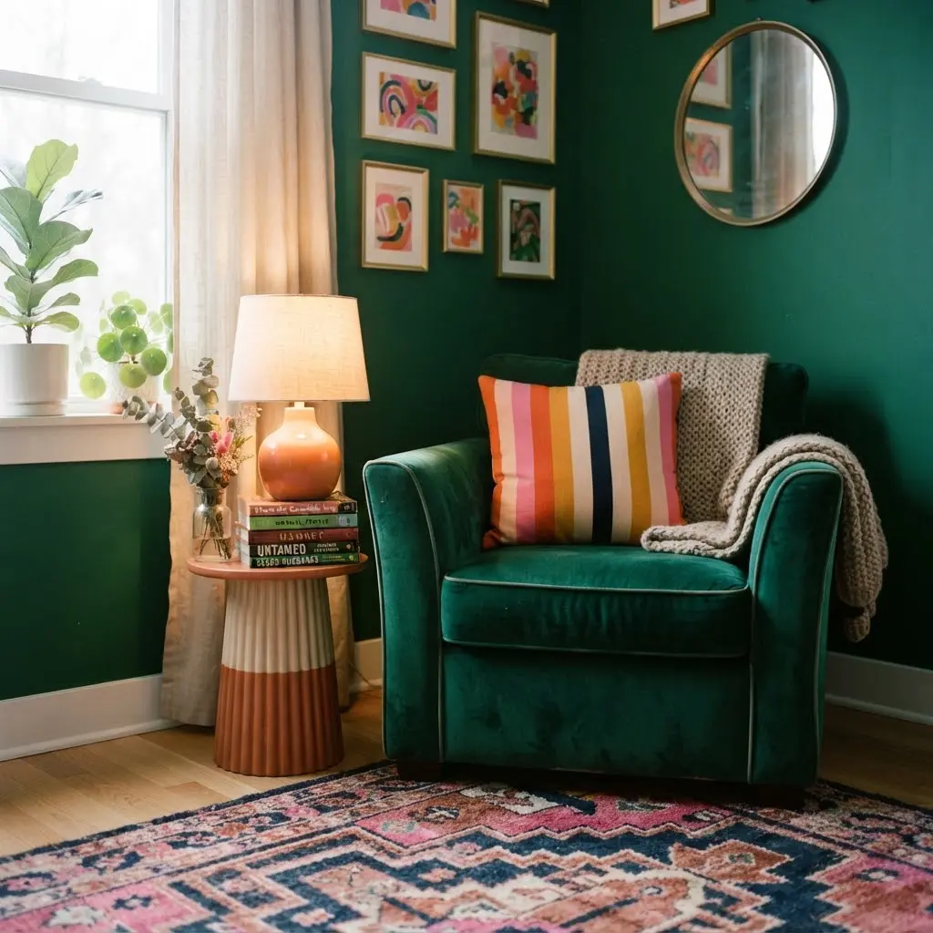 Color-drenched reading nook with a striped pillow and glowing ceramic lamp.