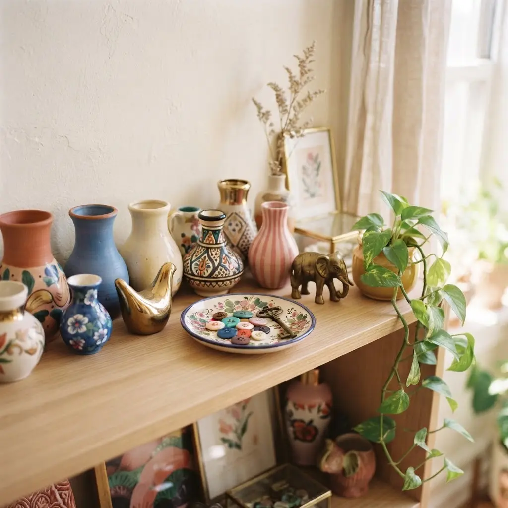 Quirky ceramic collection styled on an open shelf with a trailing plant.