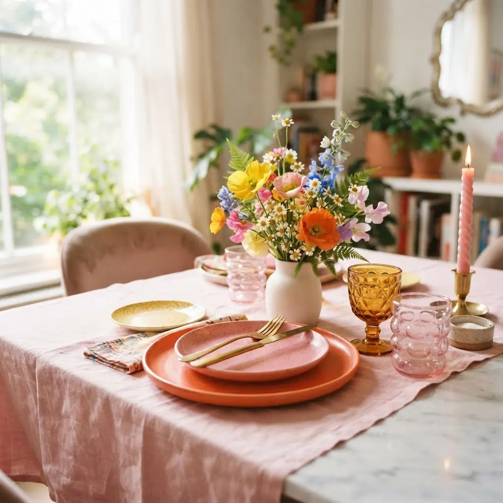 Colorful mismatched table setting with striped cloth and glass tumblers.