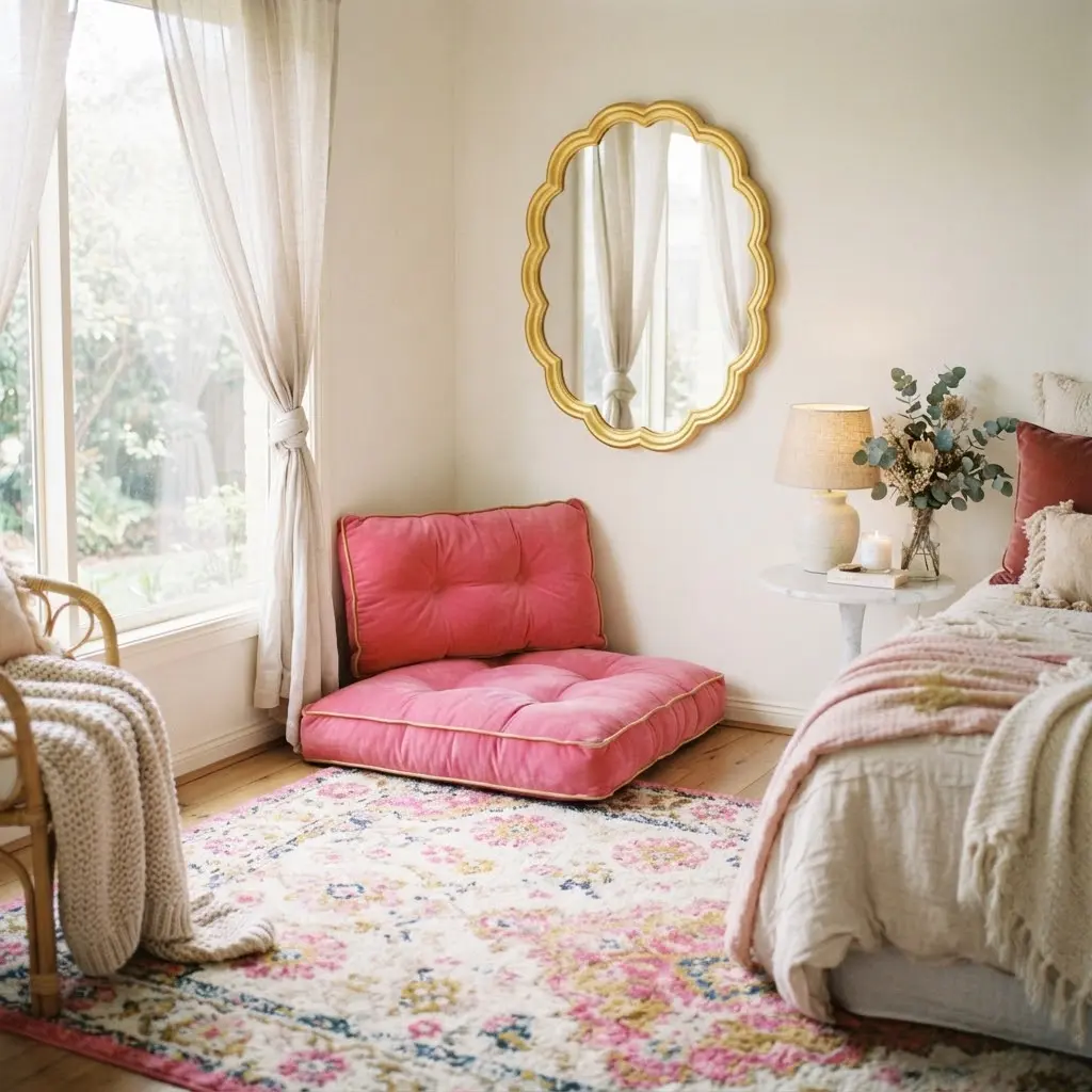 Playful guest room corner with a scalloped mirror and pink floor cushion.