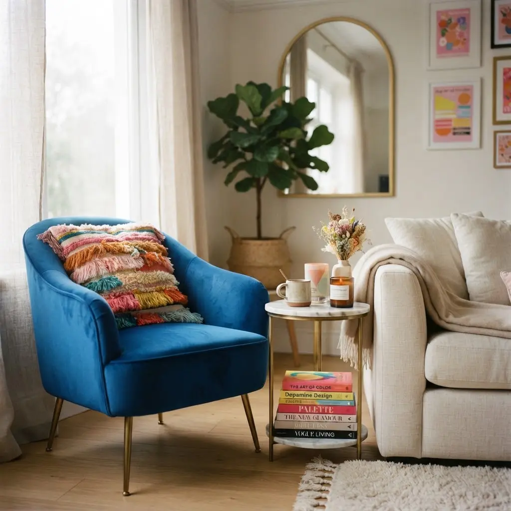Bold cobalt accent chair styled with a fringed contrasting throw pillow.