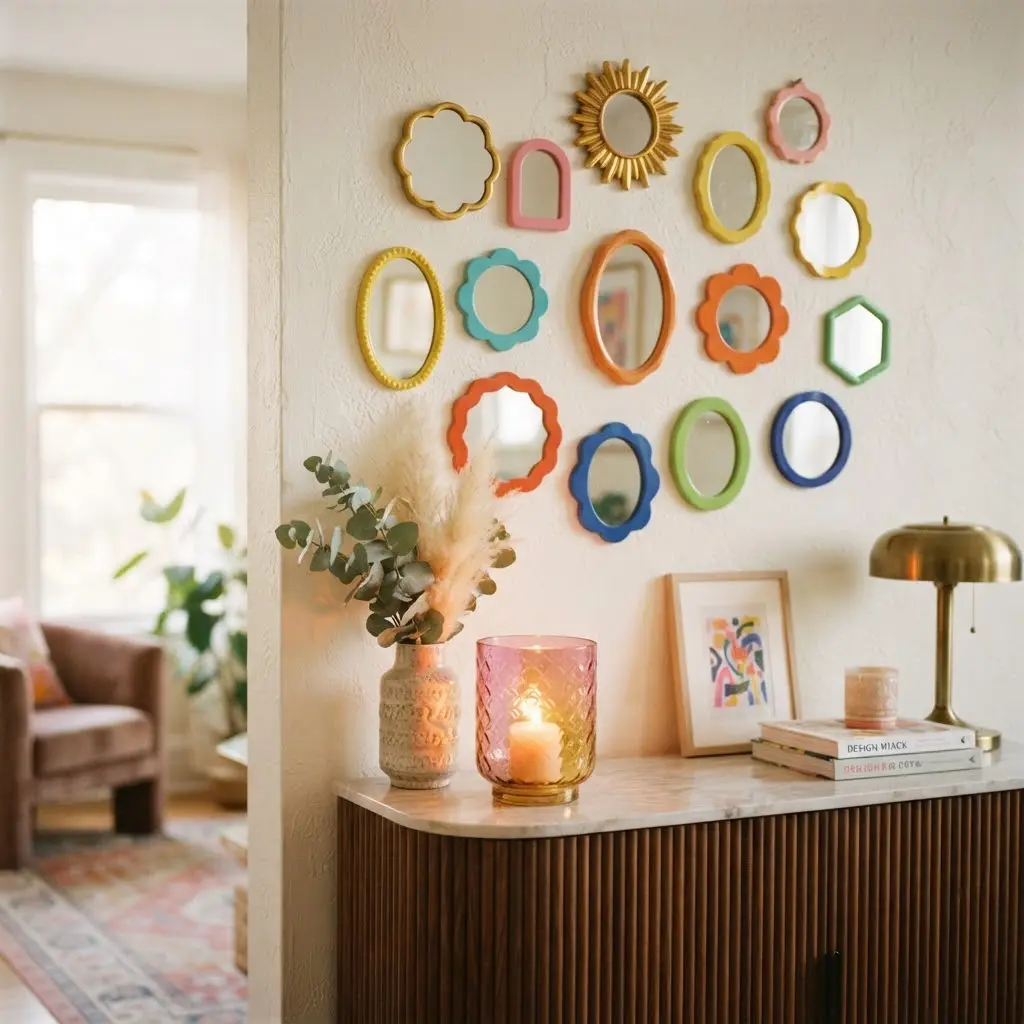 Wall of funky mismatched mirrors reflecting warm dopamine decor candlelight.