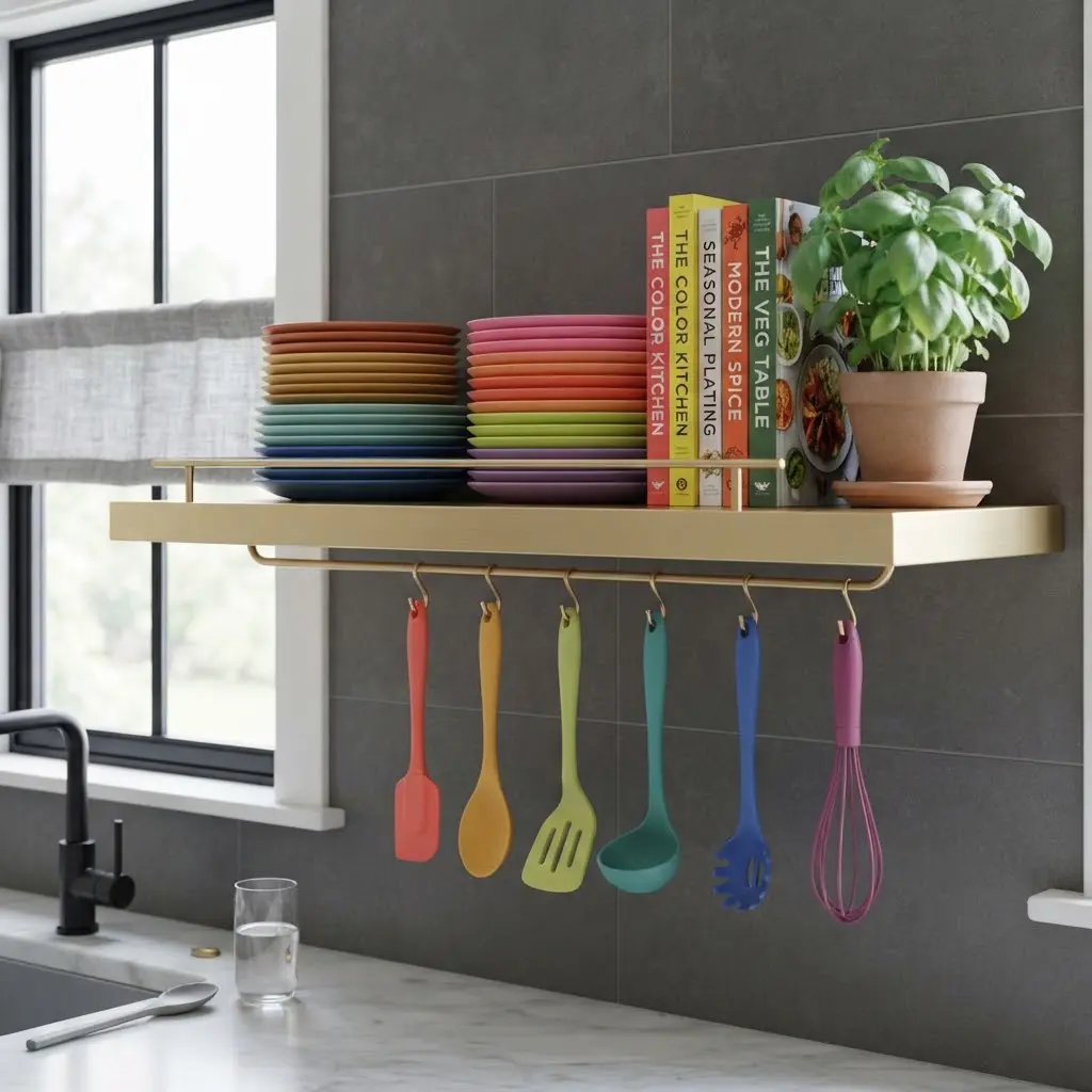 Colorful open kitchen shelf with patterned plates and mismatched mugs.