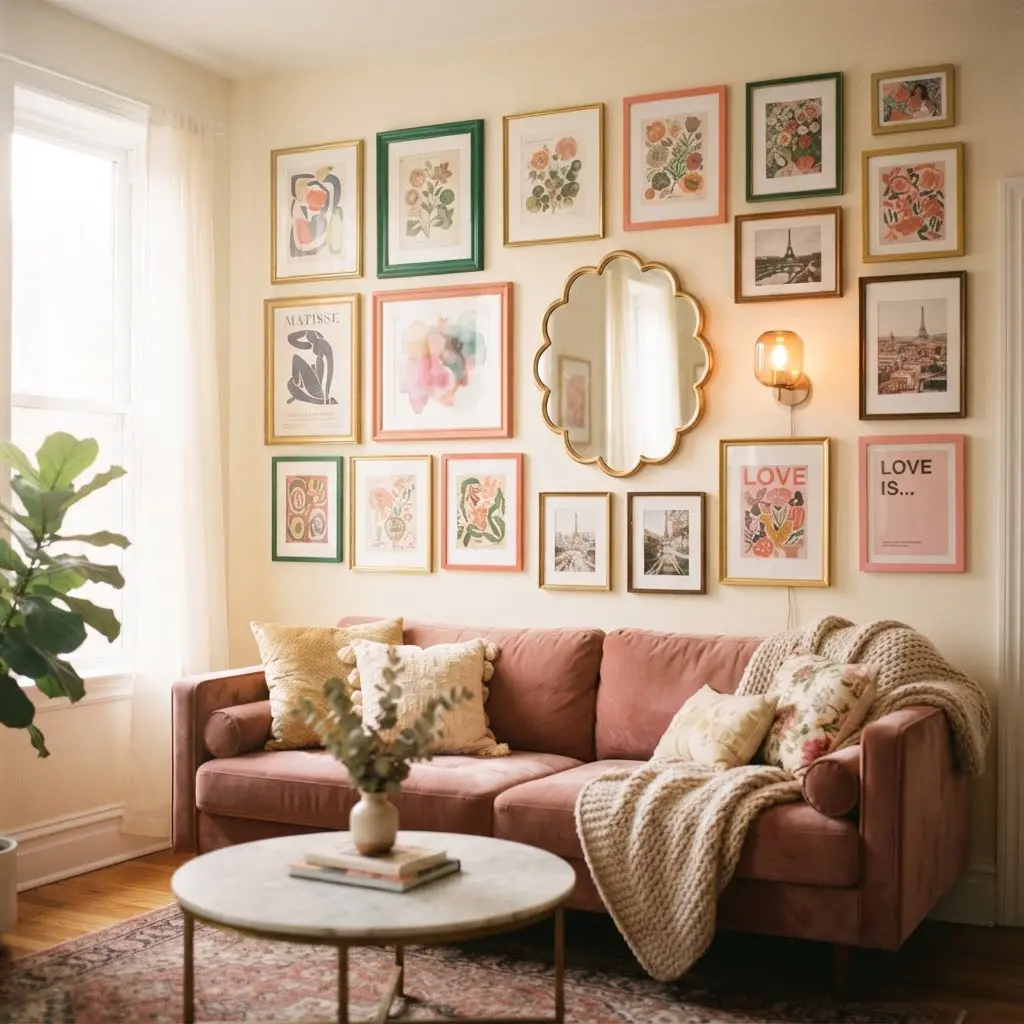 Mismatched gallery wall with bold frames and a scalloped mirror accent.