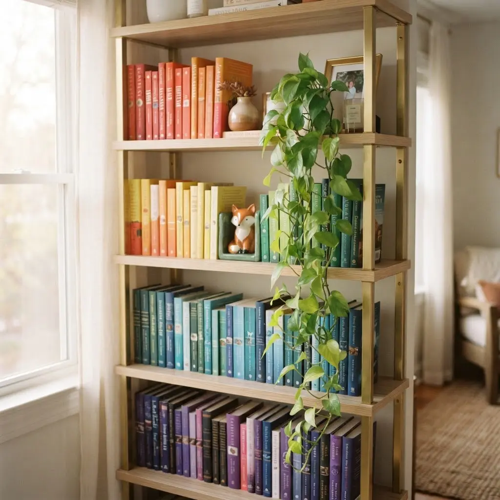 Rainbow-ordered bookshelf styled with a ceramic bookend and trailing plant.
