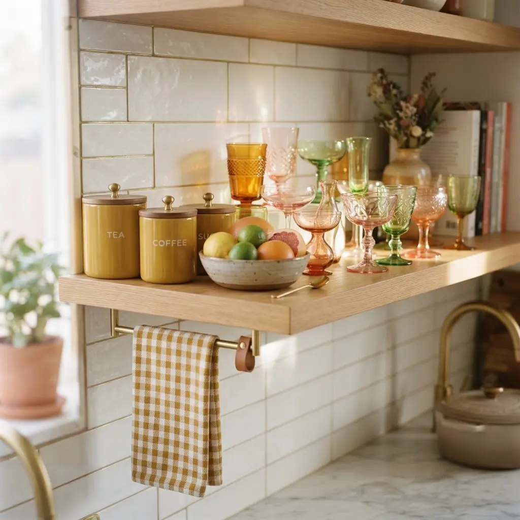 Retro kitchen shelf with colorful glassware and a mustard enamel canister.