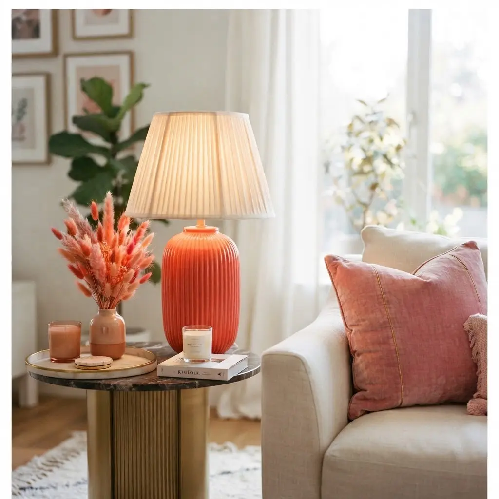 Coral ceramic table lamp glowing warmly beside a pink throw pillow.