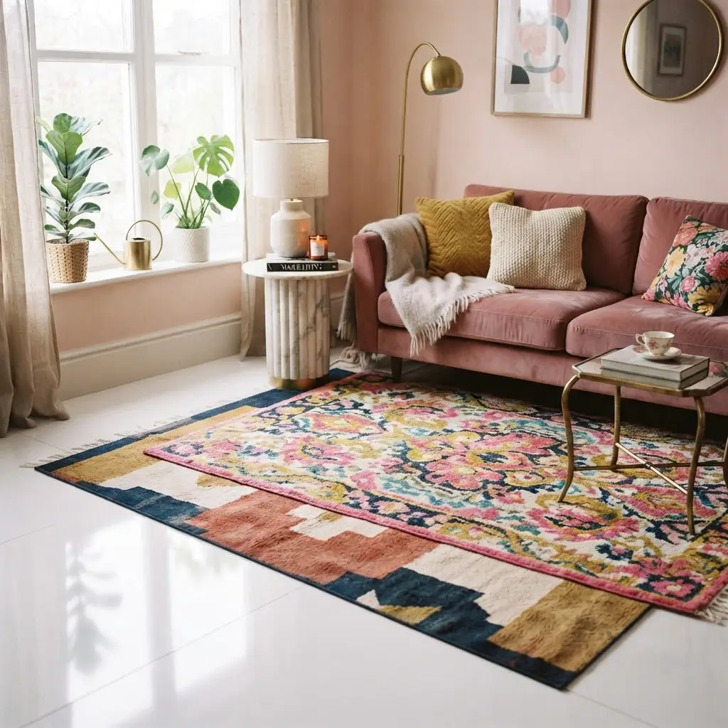Two bold patterned rugs layered together in a colorful dopamine decor space.