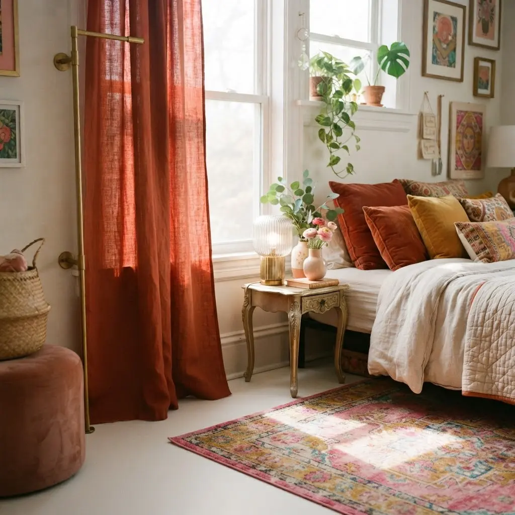 Terracotta linen curtains filtering warm light into a colorful living room.